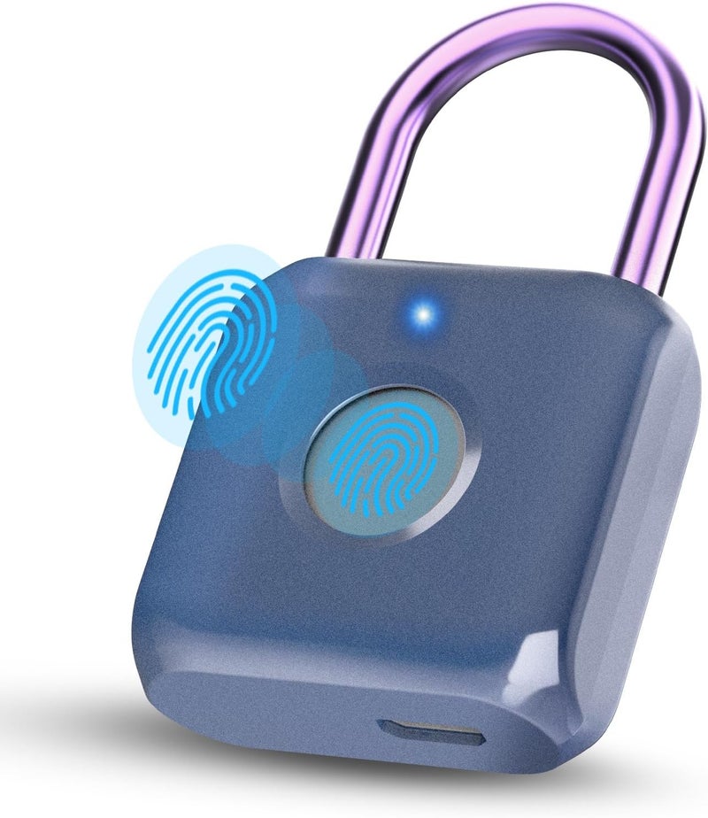 Pothunder Fingerprint Padlock, Smart Padlock, Locker Lock, Biometric Metal Keyless Fingerprint Lock, USB Rechargeable, for Gym Locker, Luggage, Backpack(Blue) - Image 1